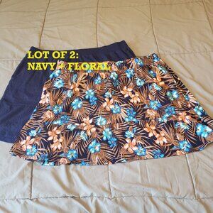 LOT OF 2 Lands' End Crinkle Knit Skirts Knee Length, Navy & Floral